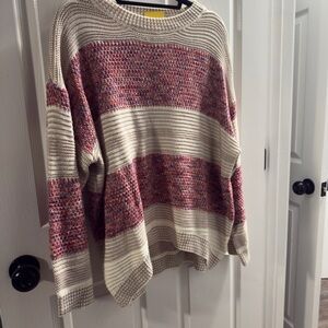 Red and Cream Chunky Knit Crew Neck Sweater